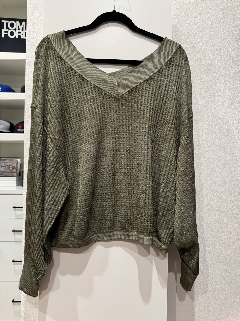 We The Free Olive Green Waffle V-Neck Sweater